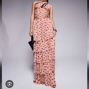 Ruffled Maxi Skirt with Red Print